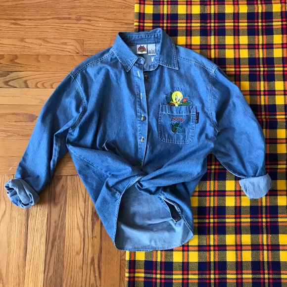 Vintage Tops - Warner Brothers Tweety Denim Button Up Shirt